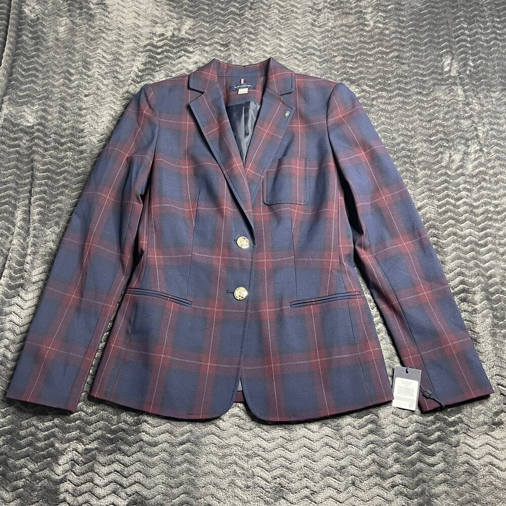 Tommy Hilfiger Women’s size 0 Plaid Blazer Elbow Patches Red & Blue Classic NWT